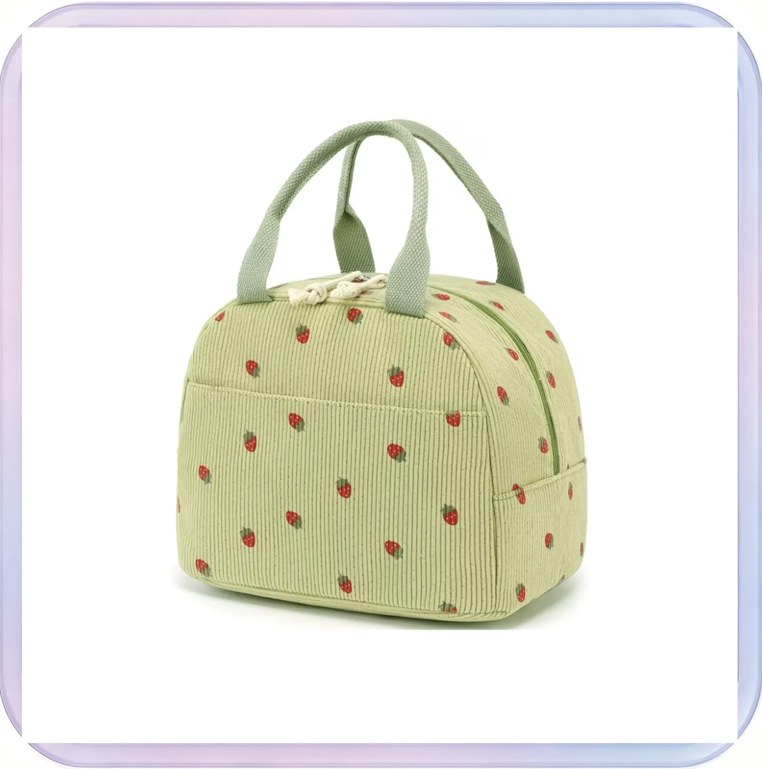 No_269_Corduroy strawberry insulated bag large capacity (green strawberry)