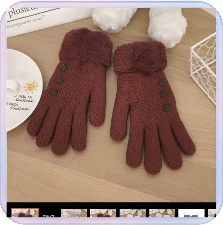 No_417_Wine Red Double-Layer Three-Button Touchscreen Warm Gloves with Thick Fleece Lining