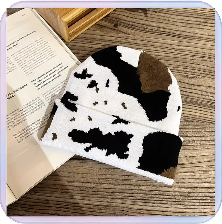 No_735_Cute Leopard Print Cow Pattern Knit Beanie (Style A)