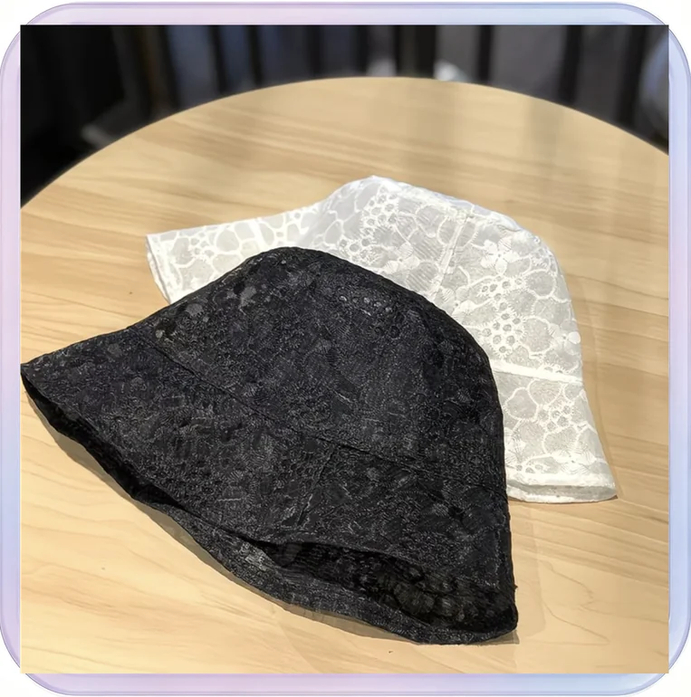 No_746_Lace Summer Large Brim Bucket Hat Thin Style (Large Brim Lace Black)